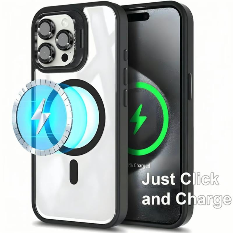 Apple 17 16 15 14 13 12 Max plus Pro Magnetic Mobile Phone Case with Magsafe Camera Ring Holder, Military-Grade Protection, Anti-Fall, Non-Yellowing, Wireless Casing Protector Cover, Black Silicone